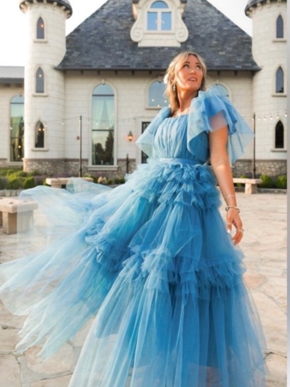 Ivy City Co Blue Tiered Tulle Ball Gown
